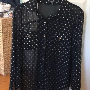 Cute sheer button down blouse with gold polka dots